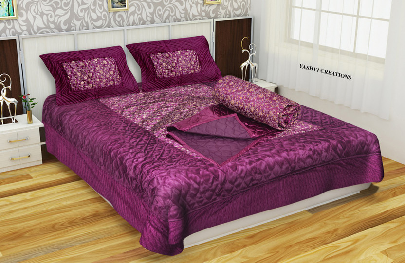 Yashvi Creations Satin King Sized Bedding Set(Purple Falsa, 1 Bedsheet, 2 Pillow Covers, 1 Quilt)