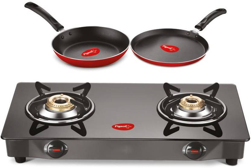 Pigeon Gas Stove Combo 2 Burner Gas Cooktop + Flat tawa 250 + Fry Pan 240 Stainless