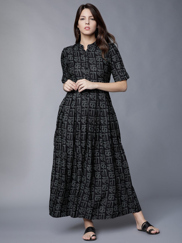 Vishudh Women Maxi Black, Grey Dress 