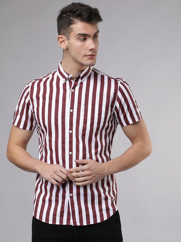 Mens burgundy striped dress shirt clearance
