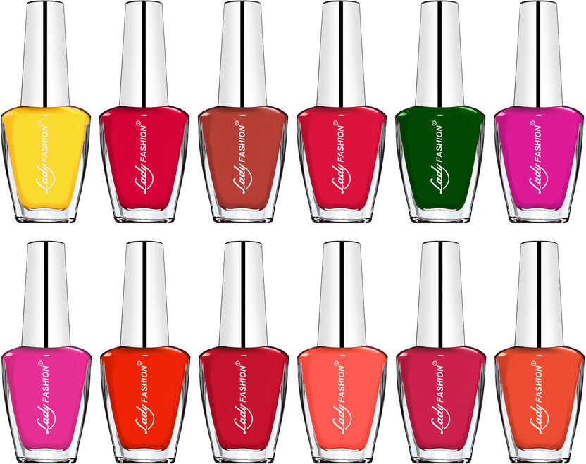 Lady FASHION Color Splash Modern Women Exclusive Nail Polish Combo Yellow, Magenta, Nude, Carrot Pink, Green, Purple, Vintage Pink, Orange, Mauve, Peach, Pink, Tan(Pack of 12)