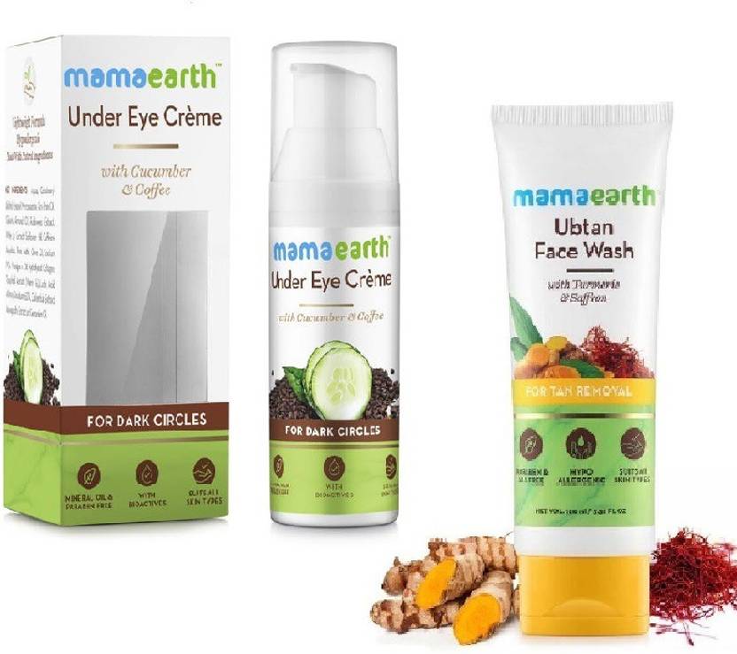 mamaEarth Under Eye Cream for dark circles, 50ml+Ubtan Facewash for tan