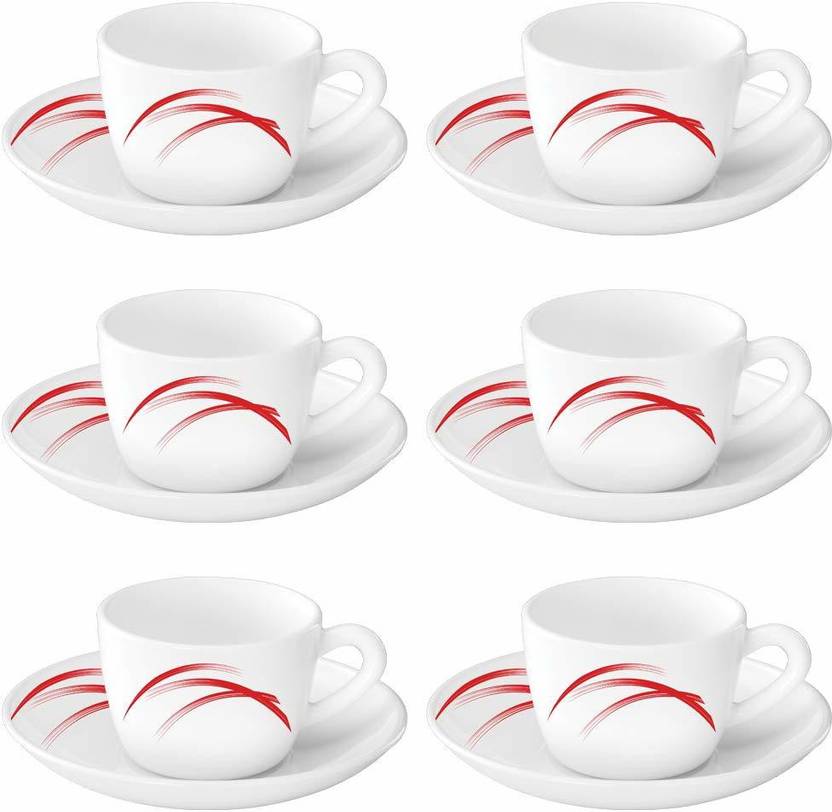 BOROSIL Pack of 12 Opalware Red Stella Cup and Saucer Set Price in