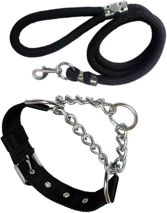 BODY BUILDING Good Quality Nylon Dog Belt Combo of Black Choke Collar with Black Lead 1.5m Lengthy Dog Collar & Leash(Medium, Multi-color 4)