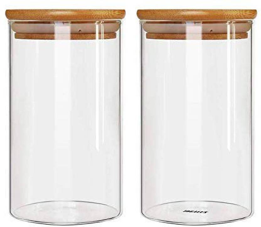 RAVIZAA Borosilicate Glass Storage Container or Jar with Bamboo Airtight Lid , 1000 ml, set2