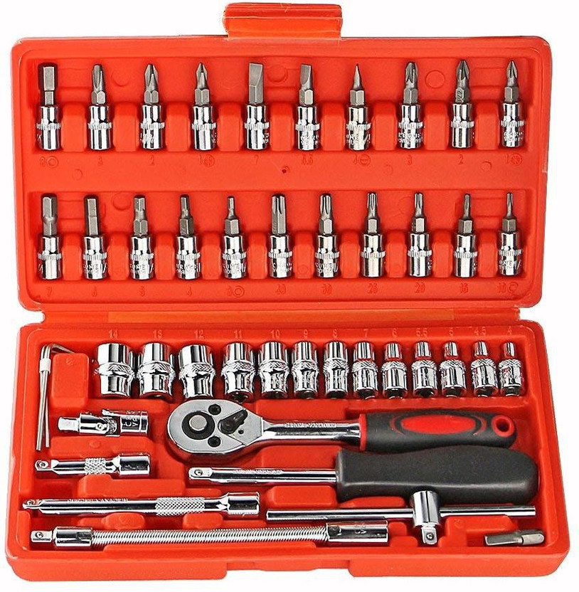 ATOOLS 46Pcs 1/4"inch Ratchet Socket Spannar Set with Extension Rod and Carry Box for Automobiles/Bike/Car Repair Tools Kit Vehicle Tool Kit
