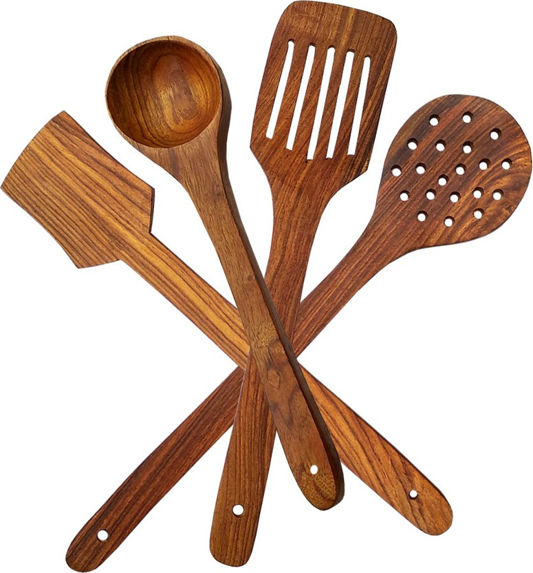 SRE Premium Non Chemical Wooden Spatula Non Stick Cooking Spoons Set of 4 Kitchen Tool Set(Brown, Spatula, Ladle, Cooking Spoon)