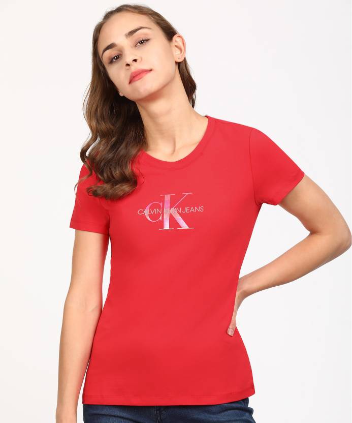 Calvin Klein Jeans Printed Women Round Neck Red T-Shirt - Buy Calvin Klein  Jeans Printed Women Round Neck Red T-Shirt Online at Best Prices in India |  