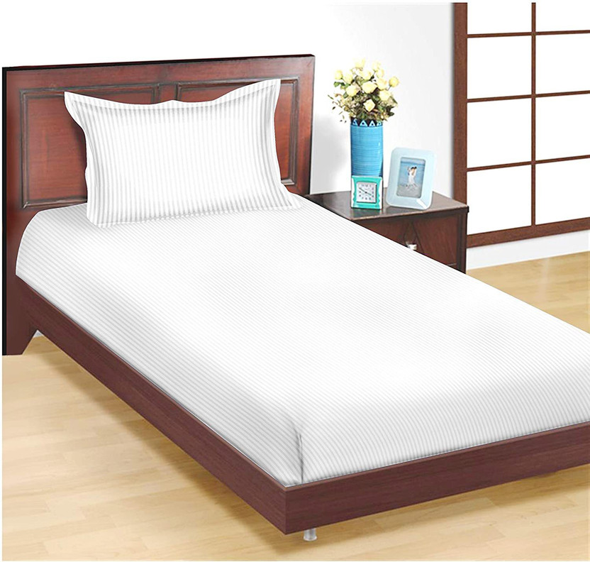 HERMOSA Cotton Single Flat 250 TC Striped 1 Bedsheet with 2 Pillow Covers(Glace Cotton tripes Plain Bedsheet Single Bed with 1 Pillow Covers for Home/Hotels/Guest House/ -White)