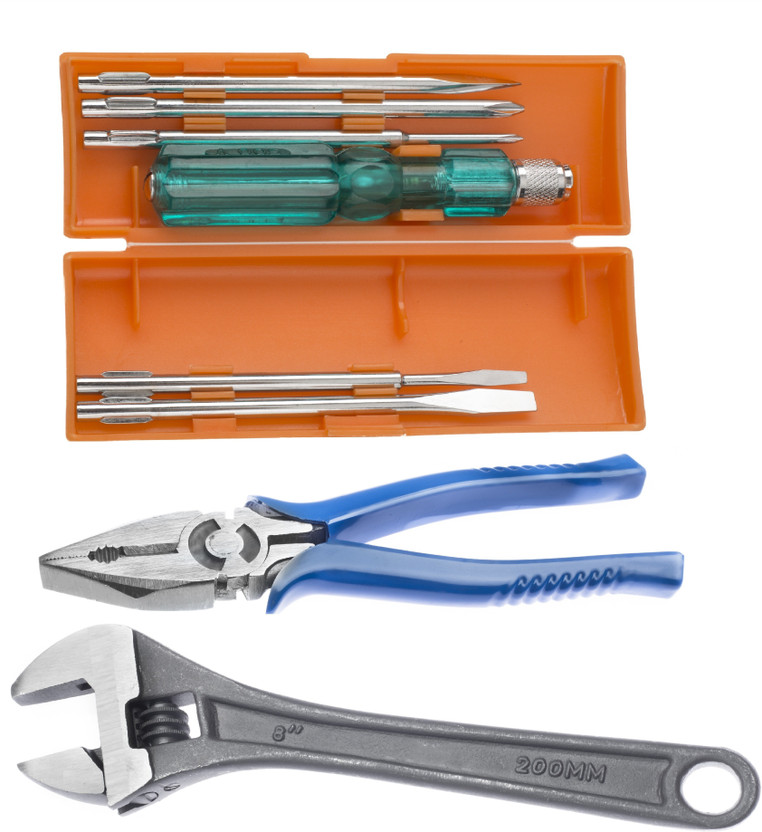 ACHRO 908 Universal Tool Kit Set for Home/Garage/Car/Bike/Industry (Set of 8 pcs Tool kit) Contains 6 Pcs Screwdriver Set + 8 inch Combination Plier + 8 inch Adjustable Spanner (Multi) Hand Tool Kit(8 Tools)