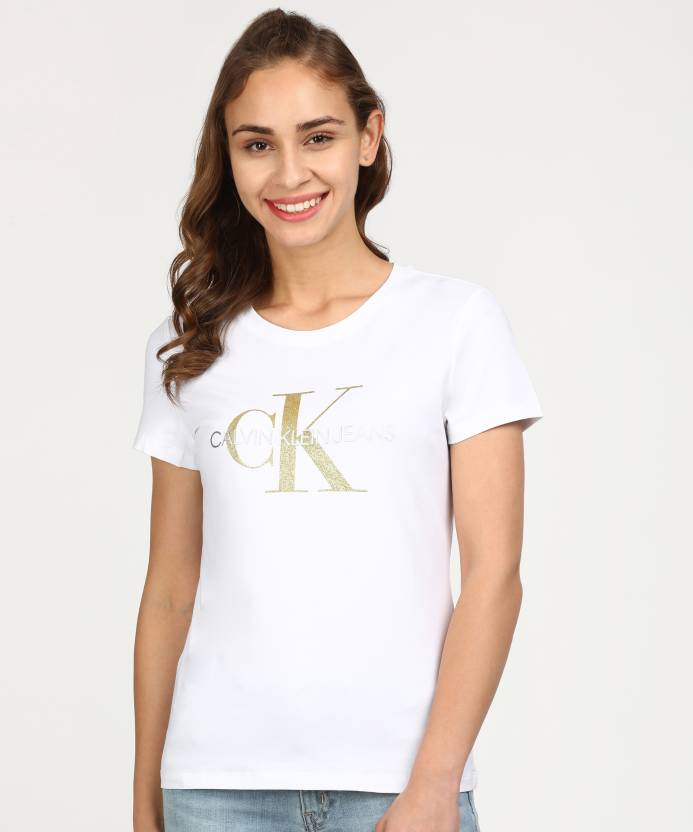 Calvin Klein Jeans Printed Women Round Neck White T-Shirt - Buy Calvin Klein  Jeans Printed Women Round Neck White T-Shirt Online at Best Prices in India  