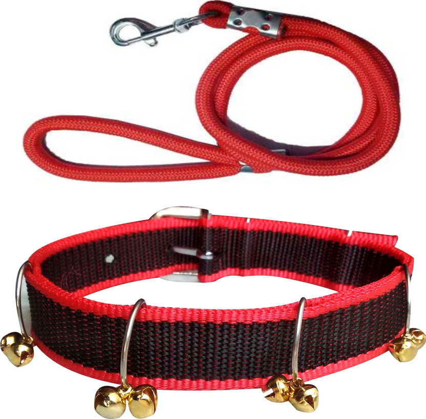 ADIOS Good Quality Dog Belt Combo of Red Black Ghungroo Collar with Red Lead 1.5m Lengthy Dog Collar & Leash(Medium, Multi-Color5)