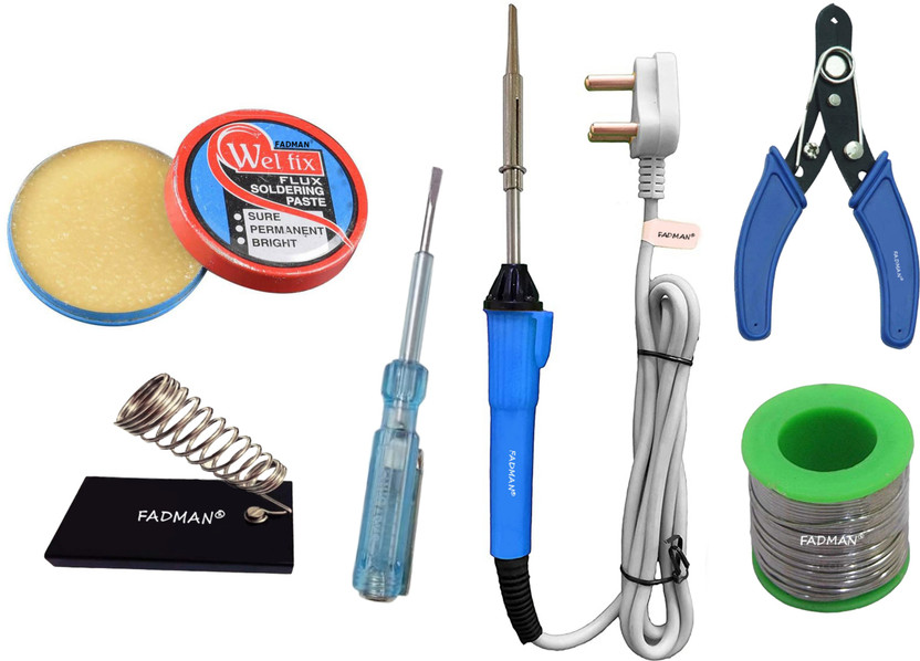 FADMAN Basic Complete Part Type-6 Soldering Iron Kit | Solder Wire | Soldering Paste Flux | Soldering Iron Stand | Wire Cutter | Electric Current Tester | Soldering iron 25 W Simple(Flat Tip)