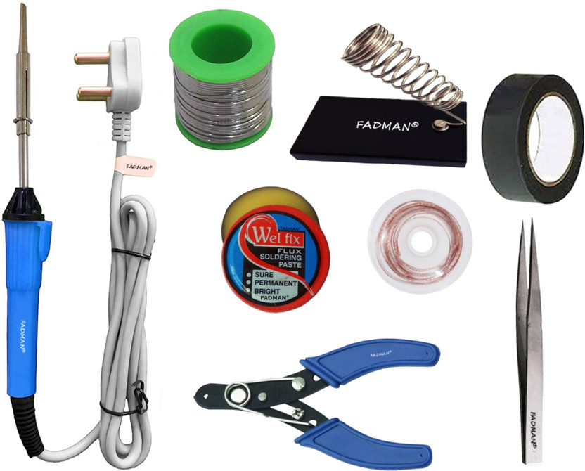 FADMAN Beginner Basic Soldering Iron Kit Pack-8 | Solder Wire | Stand | Wire Cutter | Soldering Flux | Tweezer | Desoldering Wick | Electric Tape | Soldering iron 25 W Simple(Flat Tip)