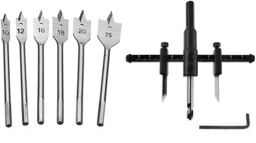 Digital Craft 6pcs Flat Wood Drill Bit Set Hex Shank Boring Bit For Wood PCB Plastic Hardwood Board Hole Saw Drilling Woodworking Tools, Adjustable Metal Wood Circle Hole Saw Drill Bit Cutter Kit DIY Tool 30mm-120mm Black Alloy blade