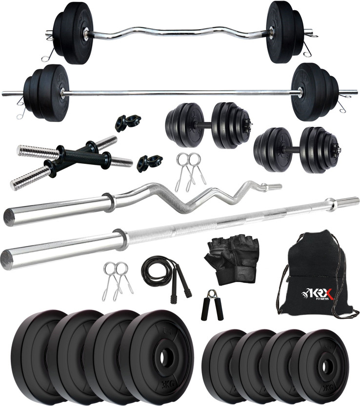 KRX 20 kg PVC 20 Kg Home Gym Set with 3 Ft Curl & 5 Ft plain Rod & 1 Pair Dumbbell Rods Home Gym Combo