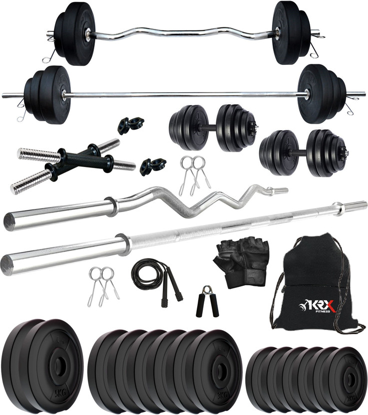 KRX 40 kg PVC 40 Kg Home Gym Set with 3 Ft Curl & 5 Ft plain & 1 Pair Dumbbell Home Gym Combo