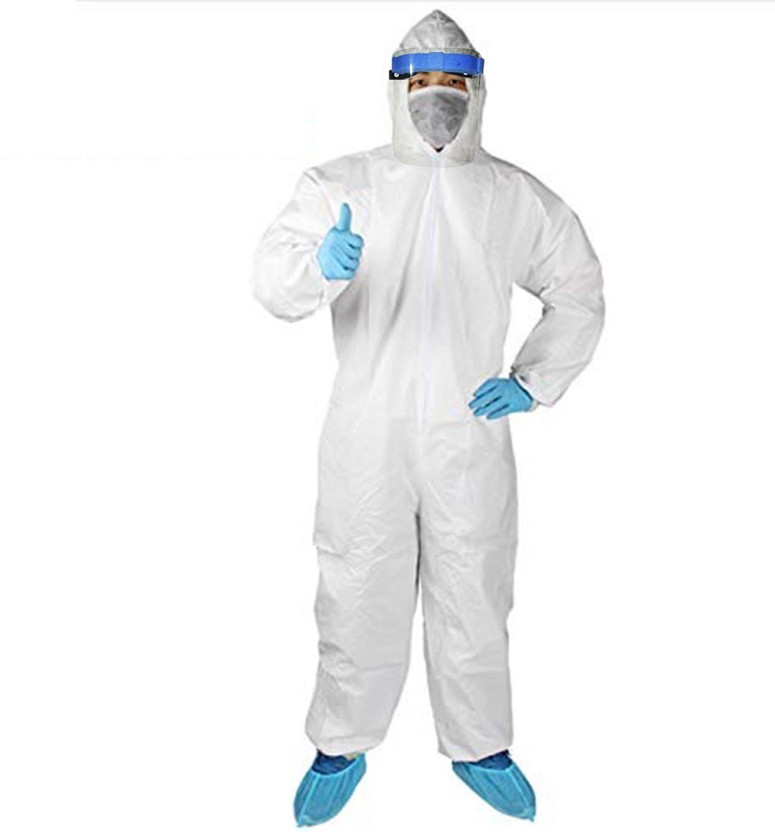 pdpm SITRA Approved PPE kit Medical Disposable Protective Coverall Suits (PP Non Woven Laminated With FACE SHIELD & SHOE COVER) Pack of 1 Safety Jacket(White)