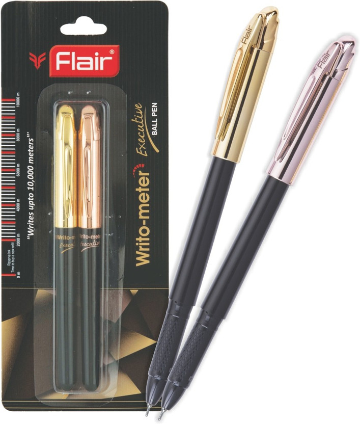 FLAIR Writometer Executive Rose Gold & Gold 0.6mm Ball Pen Blister | Fine Writing Ball Pen(Pack of 2, Ink Color - Blue)