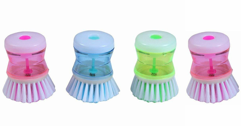 STRUGGLINGINC DishWashbasin Plastic Cleaning Brush with Liquid Soap Dispenser Plastic Wet and Dry Brush(Multicolor, 4 Units)