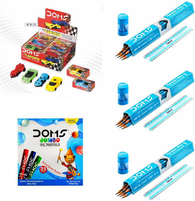 DOMS Sports Car Eraser (Pack of 12) + Mumma’s Boy XTRA Super Dark (3