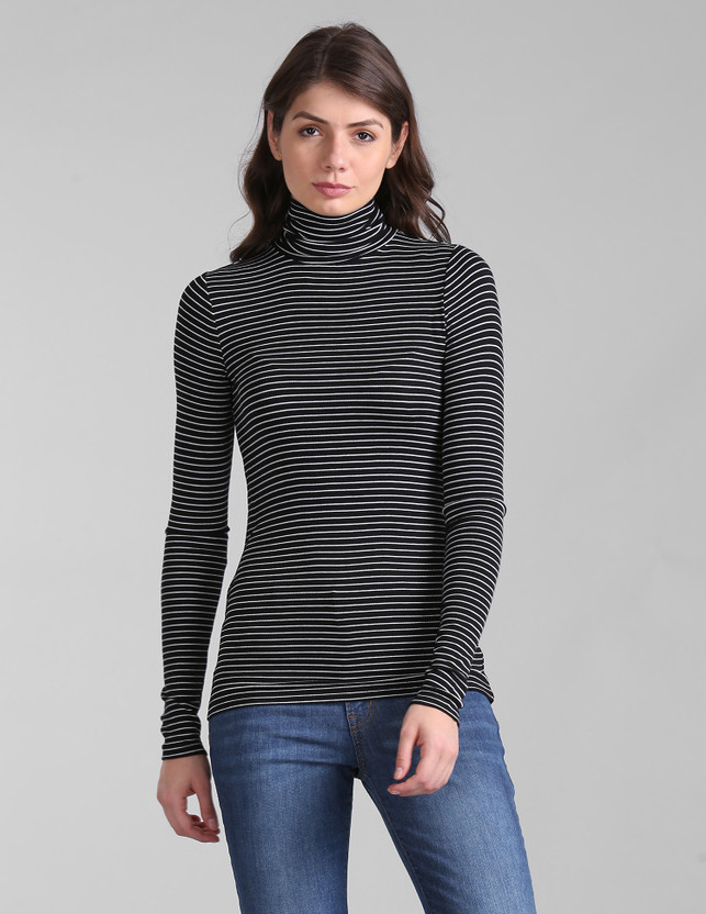 GAP Striped Women Turtle Neck Black T 