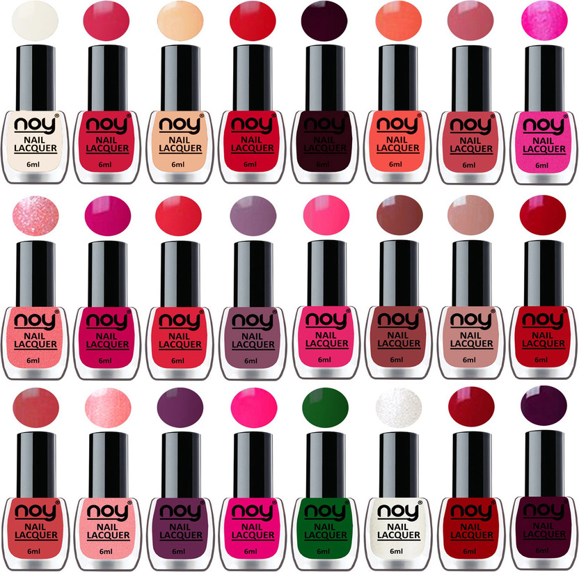 NOY Shine Nail Paint Polish Combo Set of 24 in Wholesale Price Multicolor Bulk Rate Nail Lacquer Combo No-02 Red,Nude,Peach,Pearly white,Pink,Brick Red,Purple,Peach and Many More(Pack of 24)