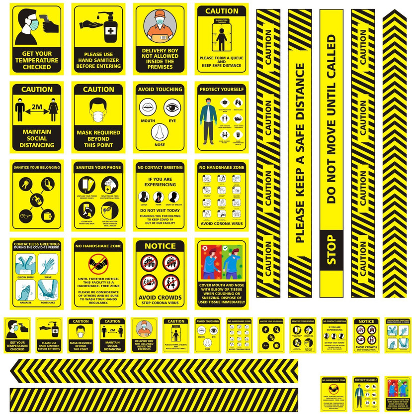 WALL STICKS Wear Mask, Use Hand Sanitizer, Check Your Body Temperature, No Hand Shake Zone, Avoid Crowed, Hand Wash, Contact less greeting, Avoid To Touch Eye Mouth Nose, Protect yourself Emergency Sign