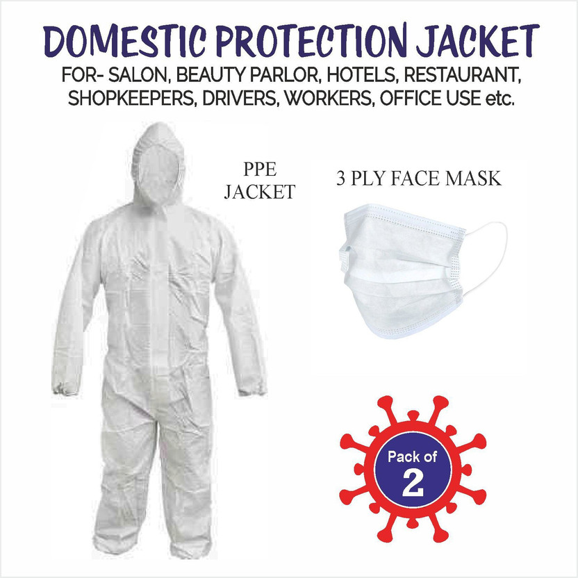 Aksha PPE KIT Coverall Gown Protect Against Virus Safety Jacket with 3 ply Face mask (White)(PACK OF 2) Safety Jacket(WHITE1)