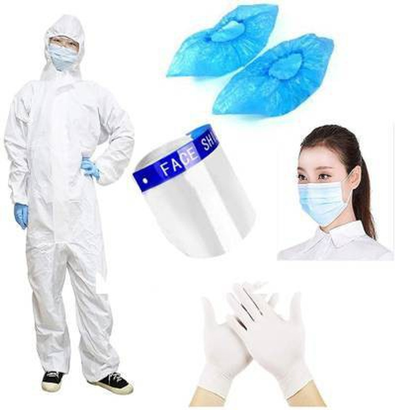 supreme electrotek solutions shop SES-PPE Kit Set Combo Pack Disposable PPE Kit Coverall Gown, Hand Gloves, Face Shield, 3 PLY Face Mask, Shoe Cover and Head Cover (Blue) Set Kit Best Quality for Travelling and Personal Safety Kit Safety Jacket(White)