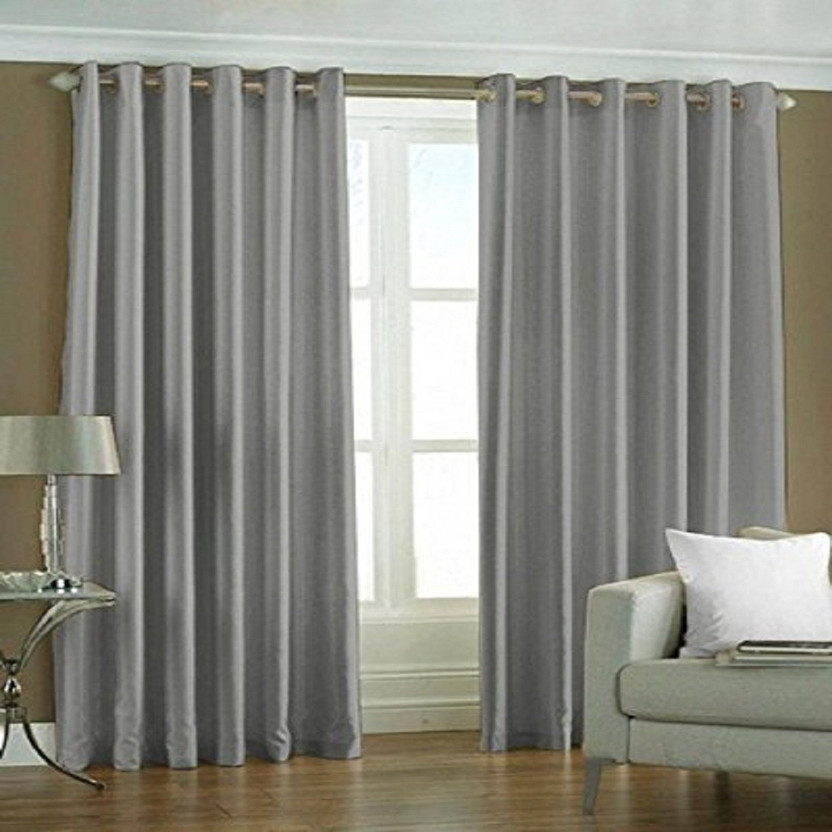 MAHI TEXTILES 214 cm (7 ft) Door Polyester Blackout Curtain (Pack Of 2)(Silver, Plain)