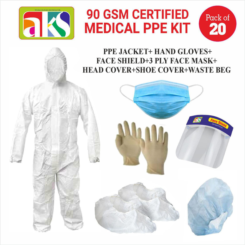AKS BY. ARYAN ADVERTISING CERTIFIED 90GSM REUSABLE CLOTH MEDICAL PPE KIT (PPE JACKET+ HAND GLOVES+FACE SHIELD+3 PLY FACE MASK+HEAD COVER+SHOE COVER +WASTE BAG (PACK OF 20) Safety Jacket(WHITE (PACK OF 20))
