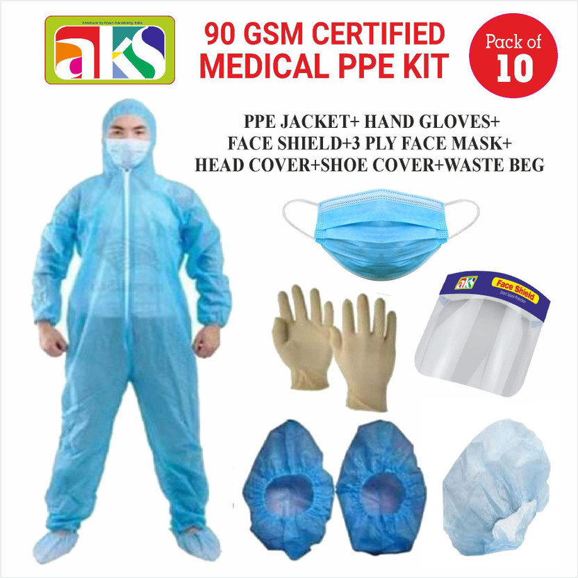 AKS BY. ARYAN ADVERTISING CERTIFIED 90GSM REUSABLE CLOTH MEDICAL PPE KIT (PPE JACKET+ HAND GLOVES+FACE SHIELD+3 PLY FACE MASK+HEAD COVER+SHOE COVER +WASTE BAG (PACK OF 10) Safety Jacket(BLUE (PACK OF 10))