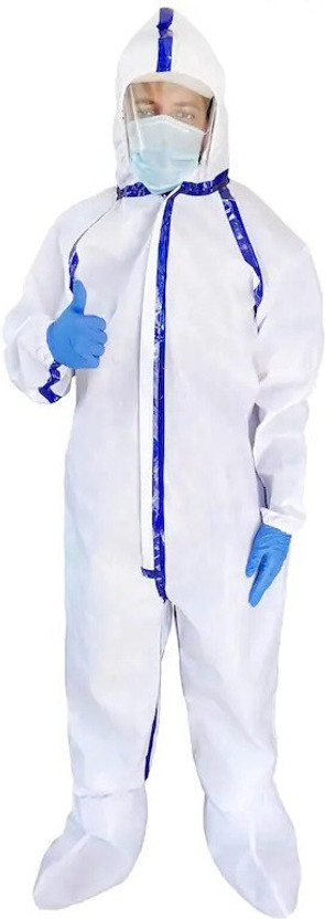 HOLASAFE SITRA & CE Certified Laminated PPE KIT with Full Body Coverall, Latex Gloves, Shoe Cover, Face Mask, Face Shield, Complete PPE kit for Doctors, Washable & Reusable Blue1 Safety Jacket Safety Jacket(white, blue)