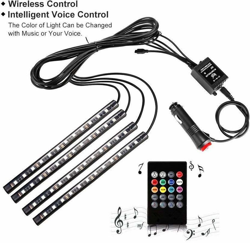 SEMAPHORE Car Atmosphere Light 12 LED Set of 4 RGB Multi Color Car Interior Music Light Under Dash LED Lighting Kit with Sounds Activated Wireless IR Remote Control Car Fancy Lights(Black)