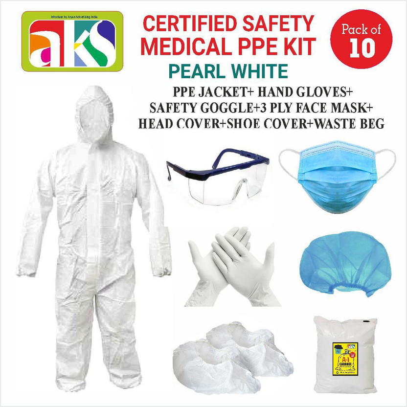 AKS BY. ARYAN ADVERTISING CERTIFIED SAFETY MEDICAL PPE KIT (PACK OF 10) (PEARL WHITE) PPE JACKET+ HAND GLOVES+ SAFETY GOGGLE+3 PLY FACE MASK+ HEAD COVER+SHOE COVER+WASTE BEG FOR MEDICAL STORES, DOCTORS., PHARMACEUTICAL COMPANY, SALON, BEAUTY PARLOR, HOTELS, RESTAURANT, SHOPKEEPERS, DRIVERS, WORKERS,