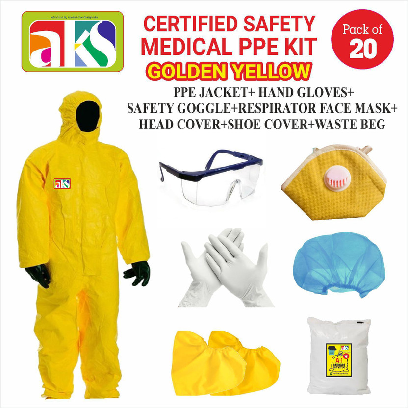 AKS BY. ARYAN ADVERTISING CERTIFIED SAFETY MEDICAL PPE KIT (PACK OF 20) (GOLDEN YELLOW) PPE JACKET+ HAND GLOVES+ SAFETY GOGGLE+3 PLY FACE MASK+ HEAD COVER+SHOE COVER+WASTE BEG FOR MEDICAL STORES, DOCTORS., PHARMACEUTICAL COMPANY, SALON, BEAUTY PARLOR, HOTELS, RESTAURANT, SHOPKEEPERS, DRIVERS, WORKER