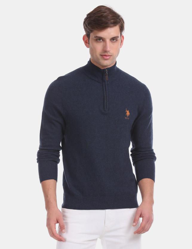 Neck Casual Men Blue Sweater 