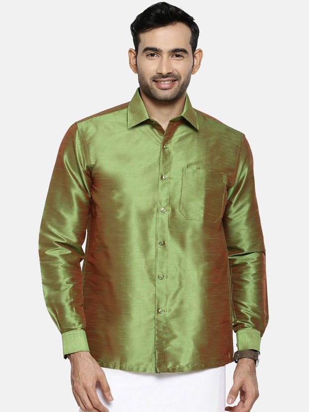 Ramraj Cotton Men Solid Formal Green Shirt