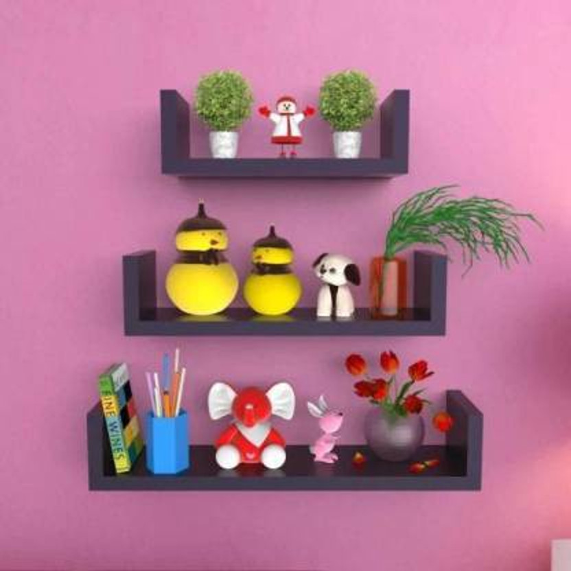Unique Wooden Handicrafts U Shape Wall Shelf/Rack/Shelves for Living Room/Home/Kitchen/Book for Home Decor Set of 3 MDF (Medium Density Fiber) Wall Shelf(Number of Shelves - 3, Black)