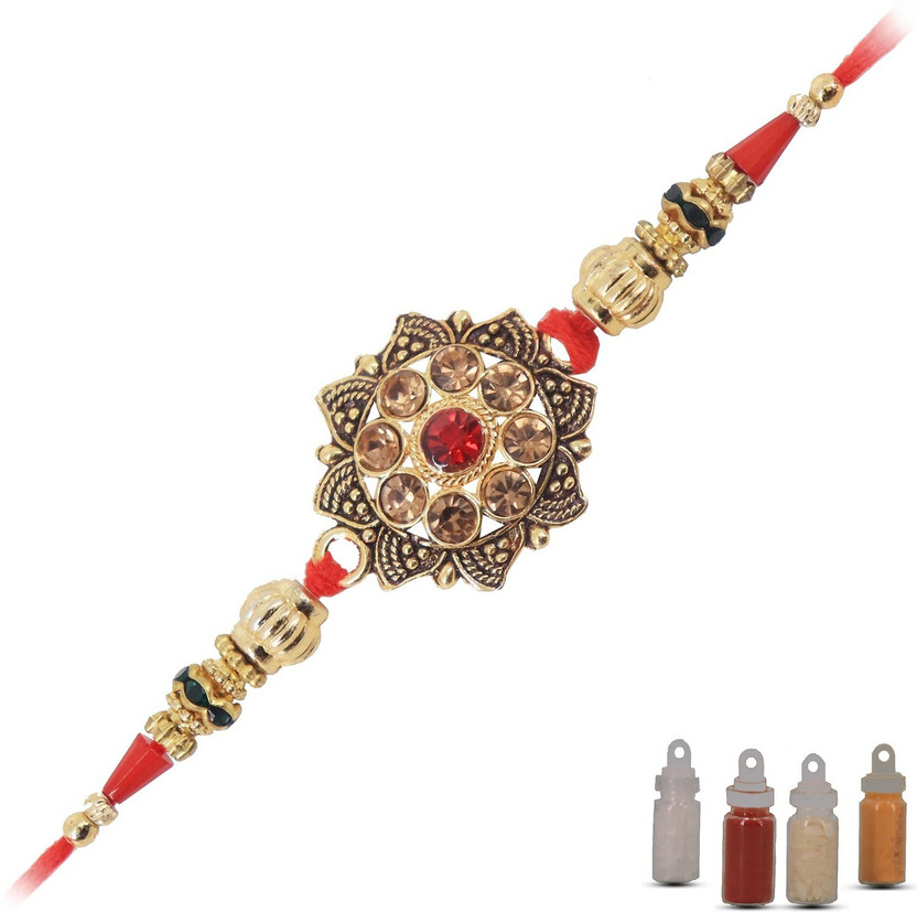Designer Designer Rakhi For Brother With Roli Chawal Haldi And Mishri | Jarkan Metal Rakhi | A20 Assorted Chawal Roli Pack, Rakhi Set by Aseenaa(1 rakhi 1 roli chawal pack) - Flipkart Deal