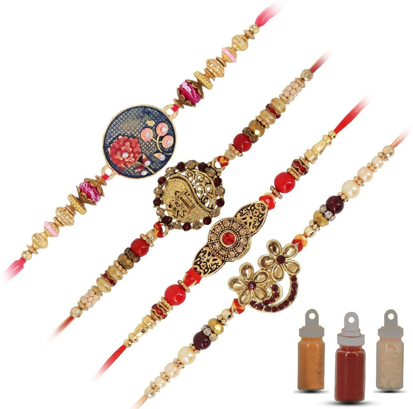 Designer Rakhi Combo For Brother With Roli Chawal And Haldi | A1A2A3A4	Gold Plated Shree Jarkan Rakhi, Kundan Rakhi, Jarkan Rakhi And Unique Design Rakhi Assorted Rakhi by Aseenaa(4 rakhi 1 roli chawal Haldi pack)