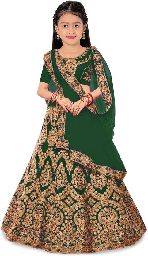 [Size 2 – 3 Years] Kedar Fab Girls Lehenga Choli Ethnic Wear Embroidered Lehenga, Choli and Dupatta Set  (Green, Pack of 1)