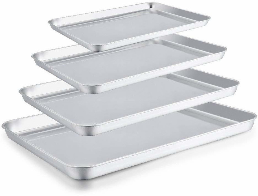 JAYCO Baking Sheet Set of 4, Stainless Steel Baking Pan Tray Cookie Sheet Baking Dish(Pack of 4, Microwave Safe)