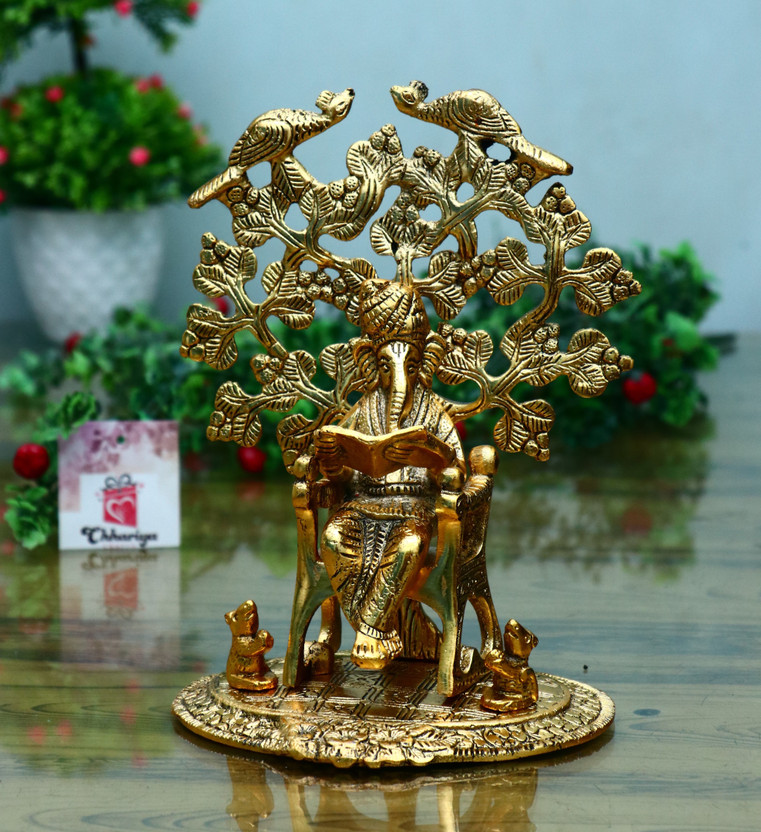 Chhariya Crafts Lord Ganesha Reading Ramayana Statue Hindu Ganesh Ganpati Sitting on Chair Under Tree Idol Sculpture for Home Office and Gifts Decor Decorative Showpiece  -  22 cm(Metal, Gold)