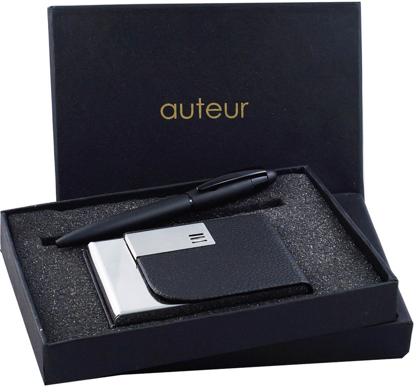 auteur Elegant and Stylish Combo Of Matt Black Twist Ball Pen & A Premium RFID Safe Card Wallet, Black Color In PU Leather Body ATM/Debit/Credit/Visiting Card Holder Pen Gift Set(Pack of 2, Ink Color - Blue)