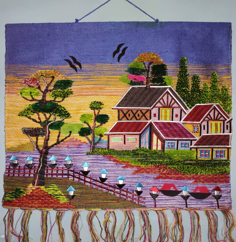 Indian Cottage Home Decor handmade jute wall hanging Tapestry Landscape
