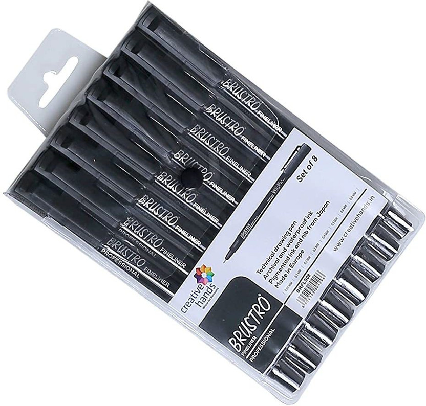 BRuSTRO Professional Pigment Based Fineliner Pen(Pack of 8, Ink Color - Black)