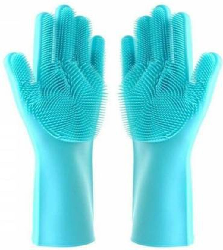 Adys Store Silicone dish washing gloves with wash scrubber. Wet and Dry Glove Set(Free Size Pack of 2)