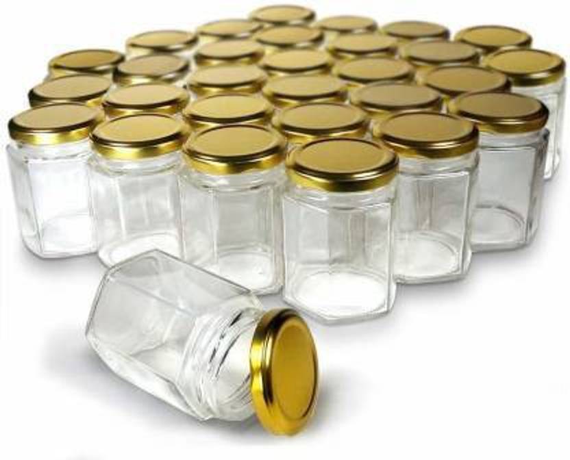 DIRGH Hexagon Shape Glass Storage Jar with airtight Gold lid 250 ml